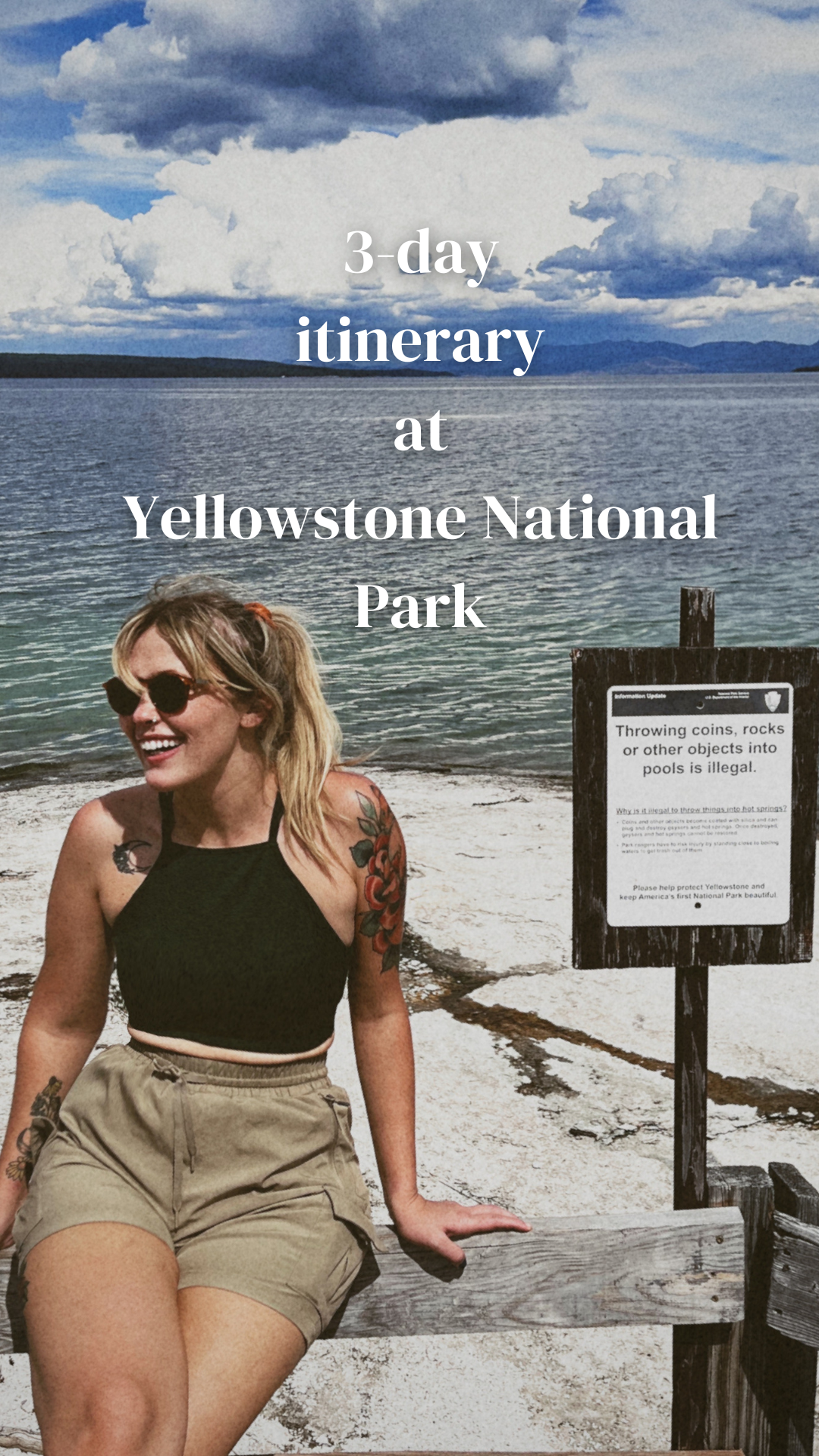 Excited traveler taking in the stunning view of Yellowstone Lake in Yellowstone National Park